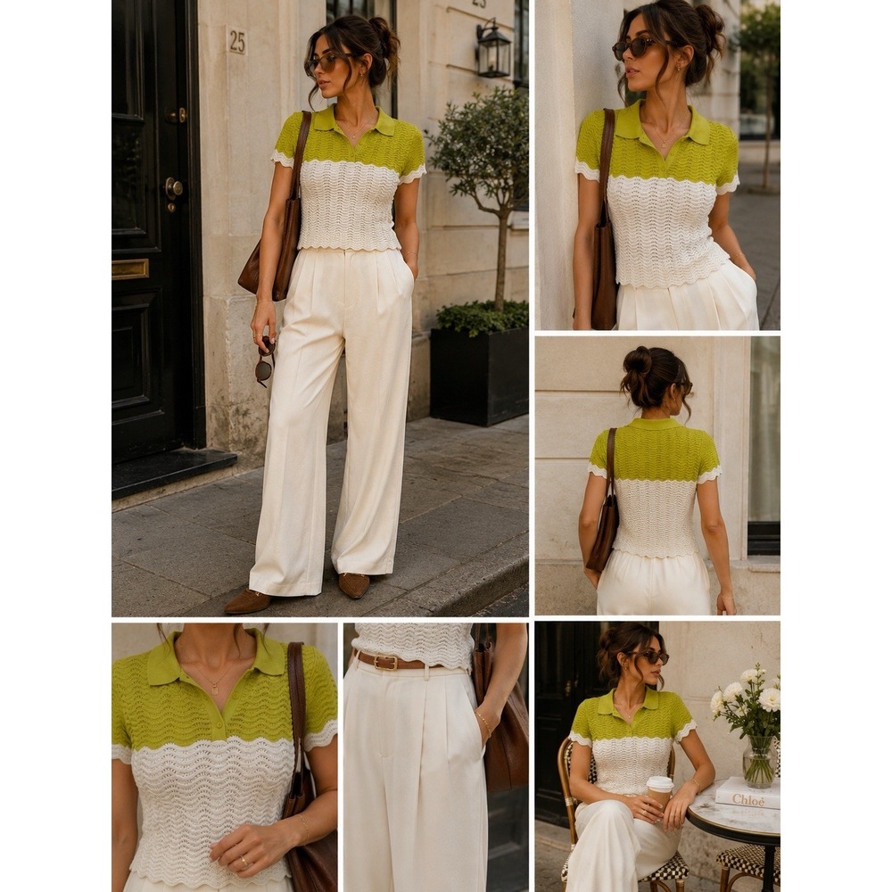 Q2 Women Lime Green Cream Wavy Knit Polo Short Sleeve Scalloped Crop Top